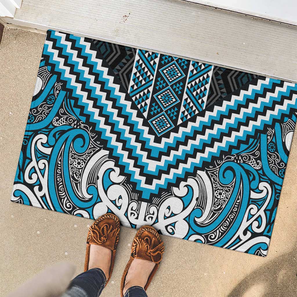 Maori Tukutuku Taniko Motifs Rubber Doormat Turquoise Poutama Mix Kowhaiwhai LT7 - Polynesian Pride
