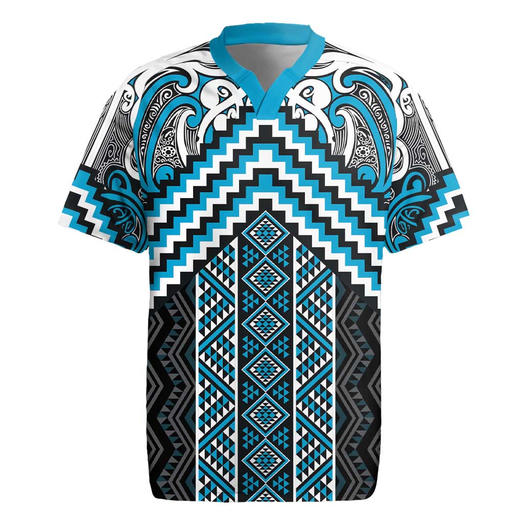 Maori Tukutuku Taniko Motifs Rugby Jersey Turquoise Poutama Mix Kowhaiwhai LT7 Turquoise - Polynesian Pride