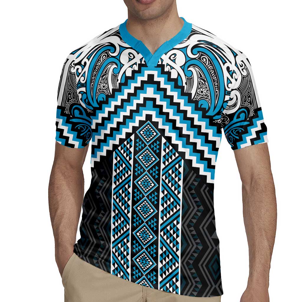 Maori Tukutuku Taniko Motifs Rugby Jersey Turquoise Poutama Mix Kowhaiwhai LT7 - Polynesian Pride