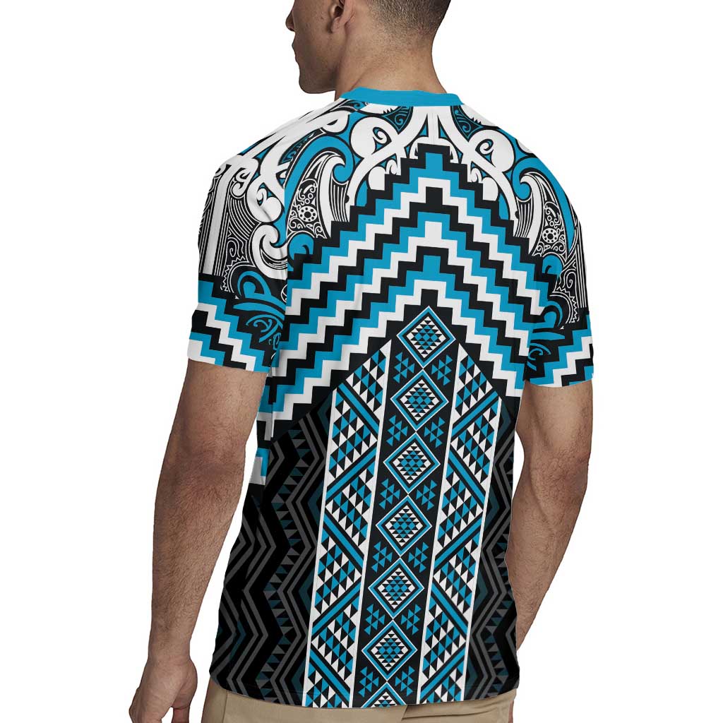 Maori Tukutuku Taniko Motifs Rugby Jersey Turquoise Poutama Mix Kowhaiwhai LT7 - Polynesian Pride