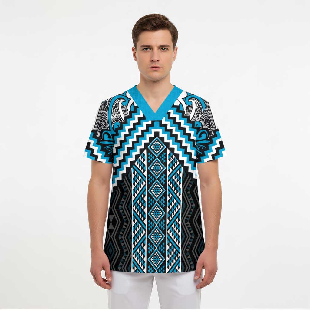 Maori Tukutuku Taniko Motifs Scrub Top Turquoise Poutama Mix Kowhaiwhai - Polynesian Pride