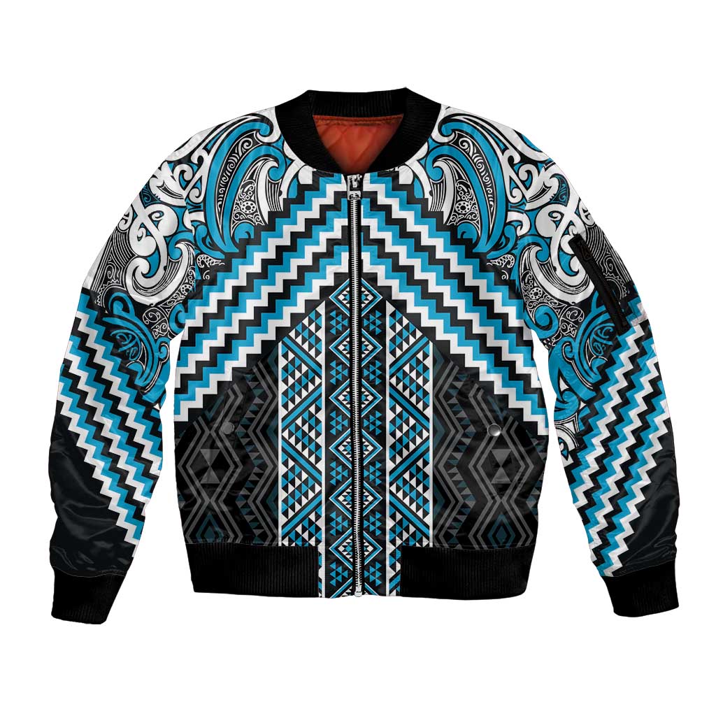 Maori Tukutuku Taniko Motifs Sleeve Zip Bomber Jacket Turquoise Poutama Mix Kowhaiwhai