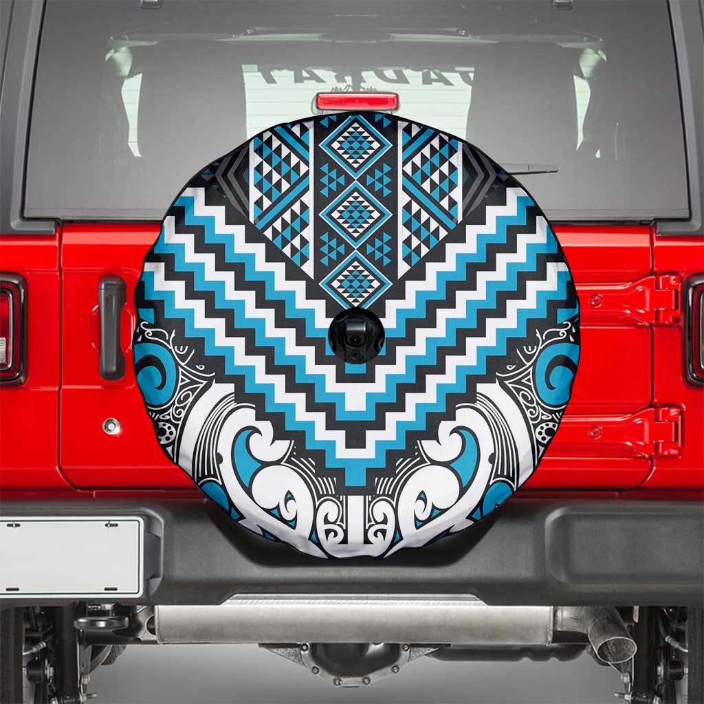 Maori Tukutuku Taniko Motifs Spare Tire Cover Turquoise Poutama Mix Kowhaiwhai
