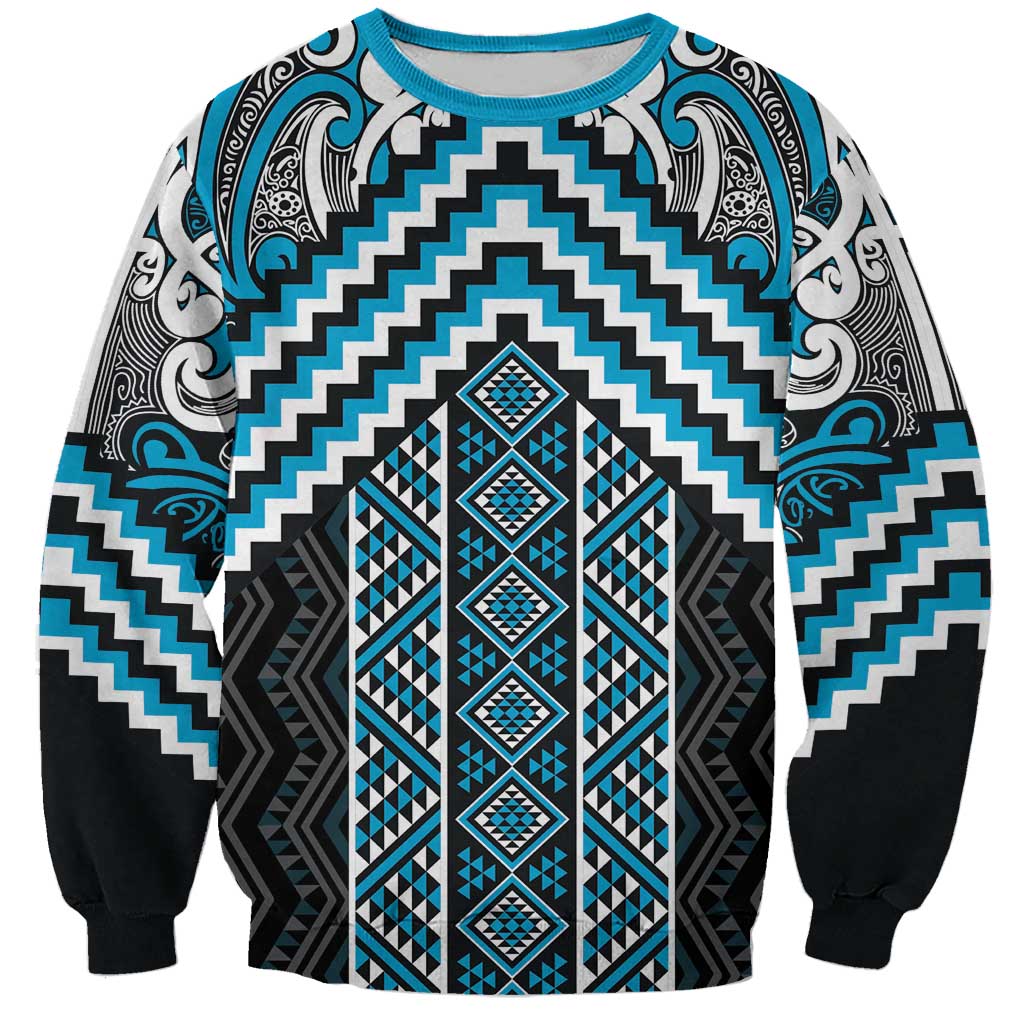 Maori Tukutuku Taniko Motifs Sweatshirt Turquoise Poutama Mix Kowhaiwhai LT7 Unisex Turquoise - Polynesian Pride