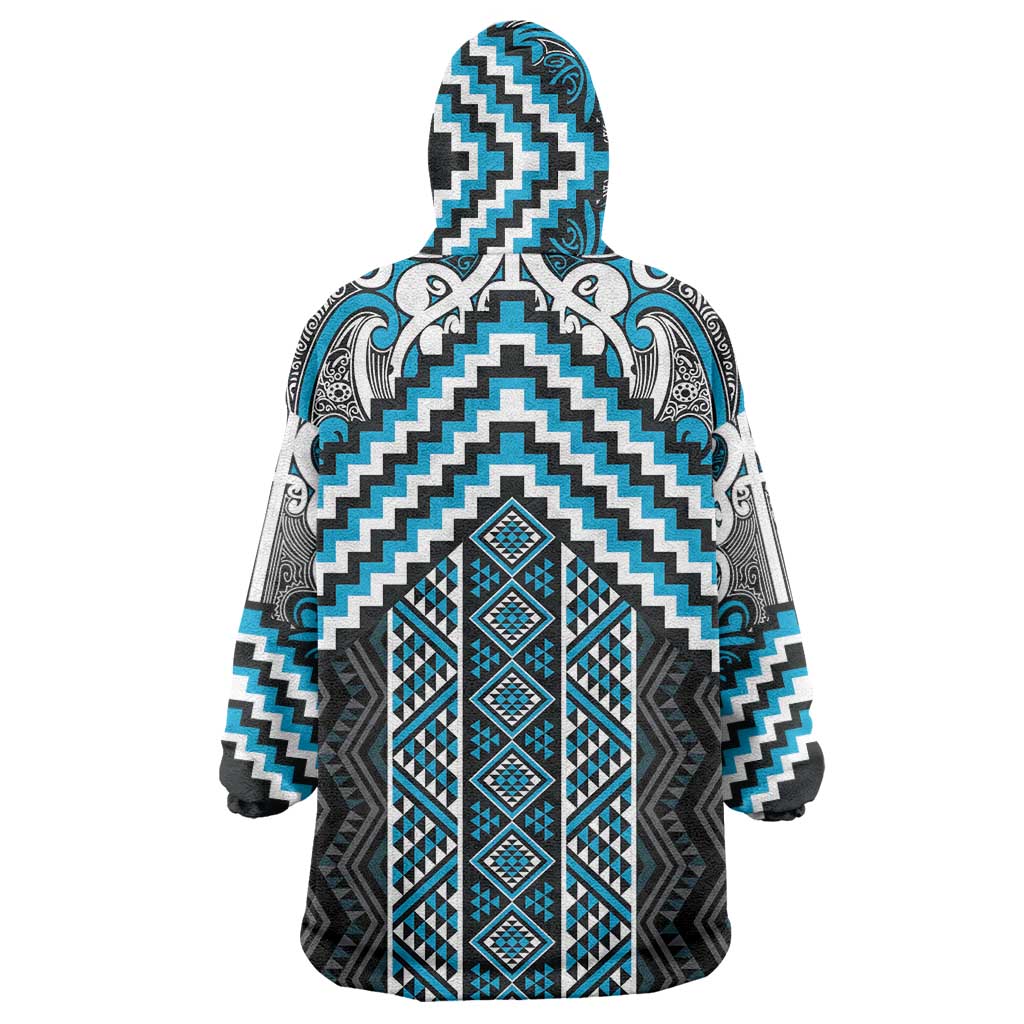 Maori Tukutuku Taniko Motifs Wearable Blanket Hoodie Turquoise Poutama Mix Kowhaiwhai