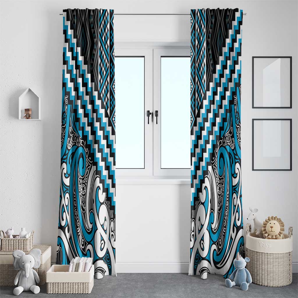 Maori Tukutuku Taniko Motifs Window Curtain Turquoise Poutama Mix Kowhaiwhai