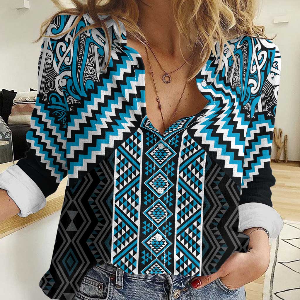 Maori Tukutuku Taniko Motifs Women Casual Shirt Turquoise Poutama Mix Kowhaiwhai LT7 Female Turquoise - Polynesian Pride