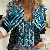Maori Tukutuku Taniko Motifs Women Casual Shirt Turquoise Poutama Mix Kowhaiwhai LT7 Female Turquoise - Polynesian Pride