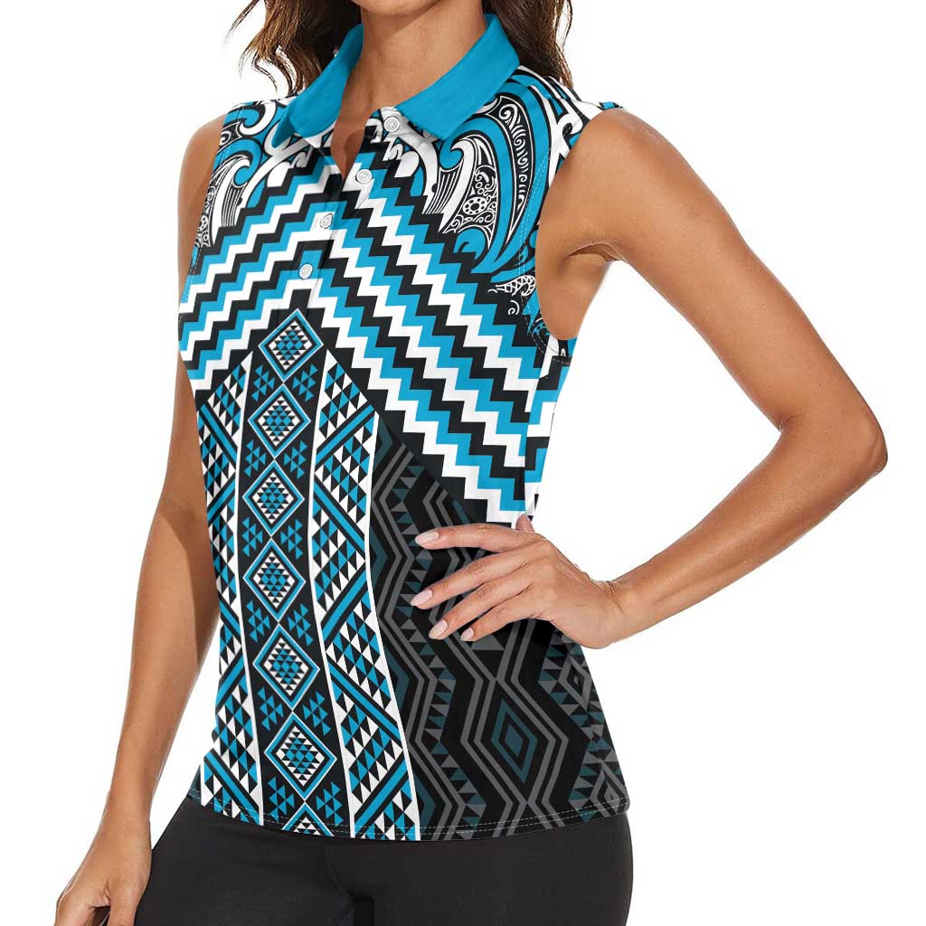 Maori Tukutuku Taniko Motifs Women Sleeveless Polo Shirt Turquoise Poutama Mix Kowhaiwhai