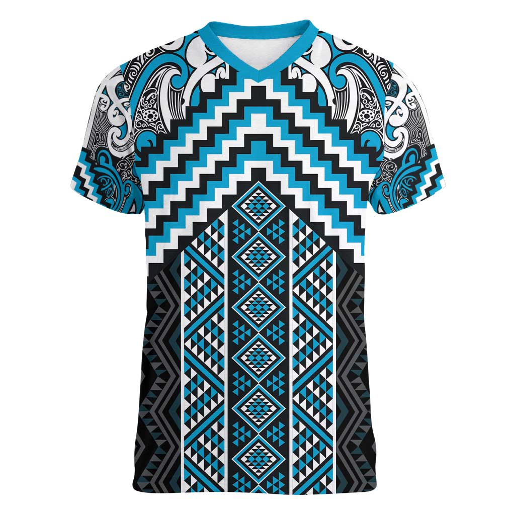 Maori Tukutuku Taniko Motifs Women V-Neck T-Shirt Turquoise Poutama Mix Kowhaiwhai LT7 Female Turquoise - Polynesian Pride