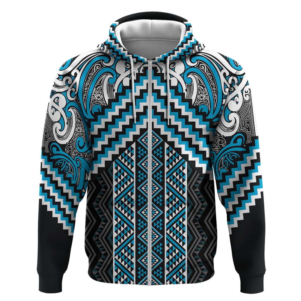Maori Tukutuku Taniko Motifs Zip Hoodie Turquoise Poutama Mix Kowhaiwhai