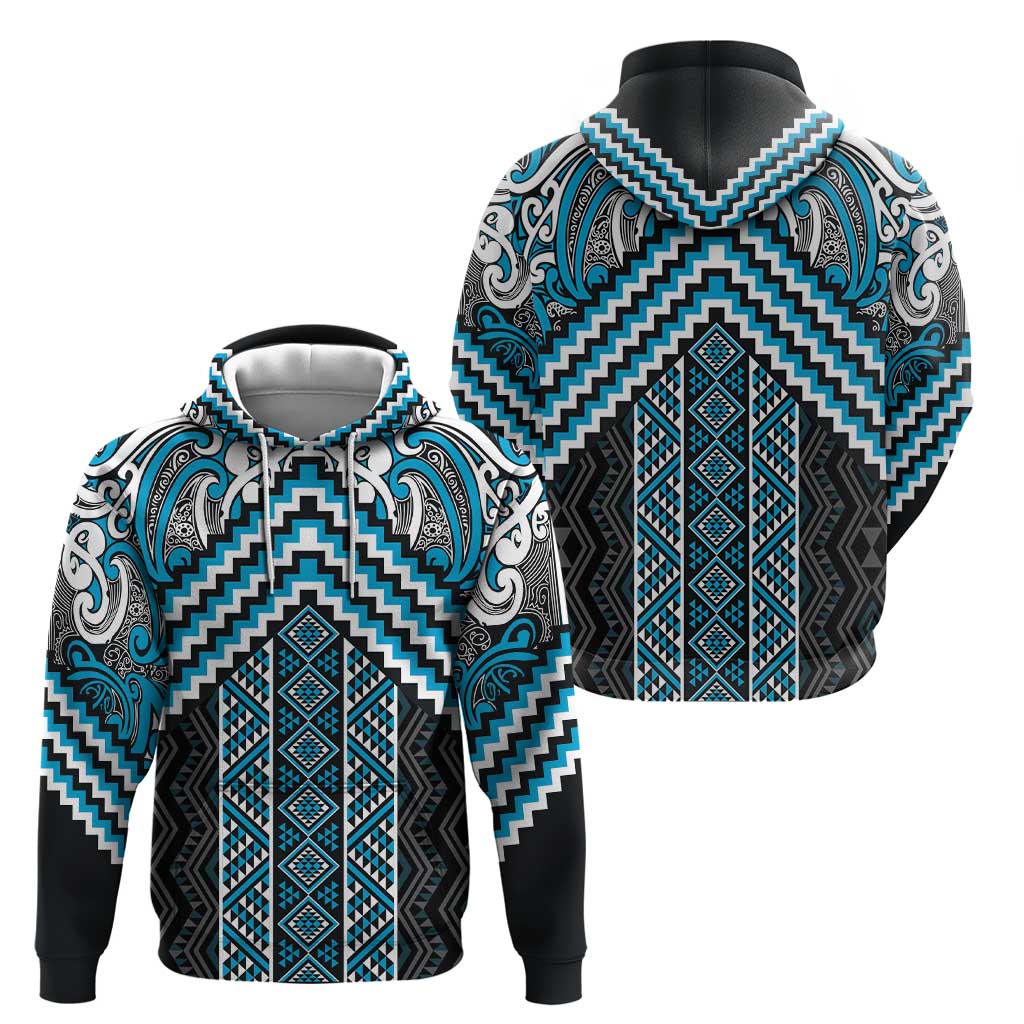 Maori Tukutuku Taniko Motifs Zip Hoodie Turquoise Poutama Mix Kowhaiwhai
