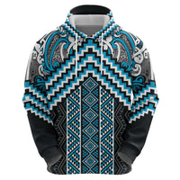 Maori Tukutuku Taniko Motifs Zip Hoodie Turquoise Poutama Mix Kowhaiwhai