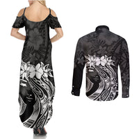 Polynesian Women's Day Couples Matching Summer Maxi Dress and Long Sleeve Button Shirt Plumeria Passion - Black LT7 - Polynesian Pride