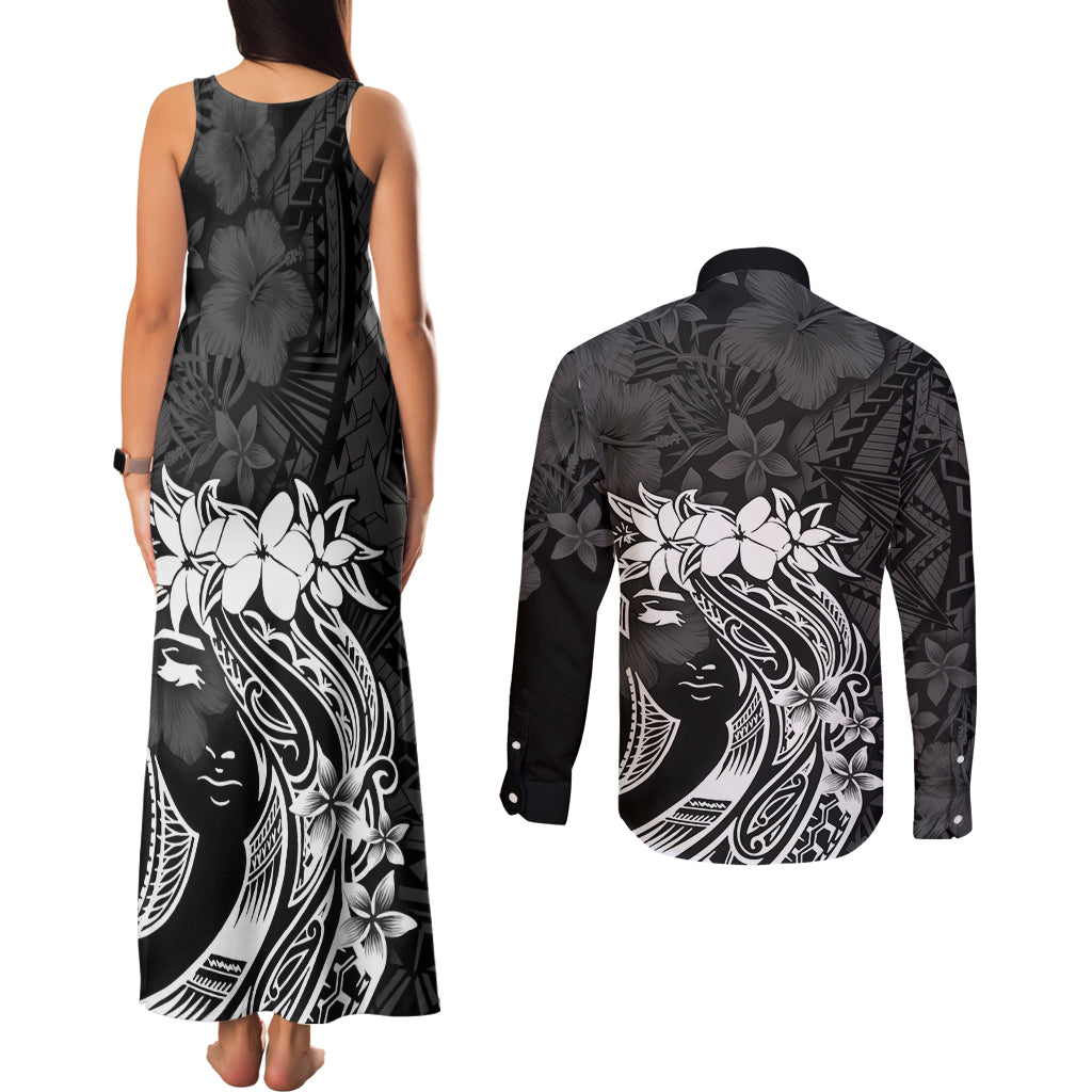 Polynesian Women's Day Couples Matching Tank Maxi Dress and Long Sleeve Button Shirt Plumeria Passion - Black LT7 - Polynesian Pride