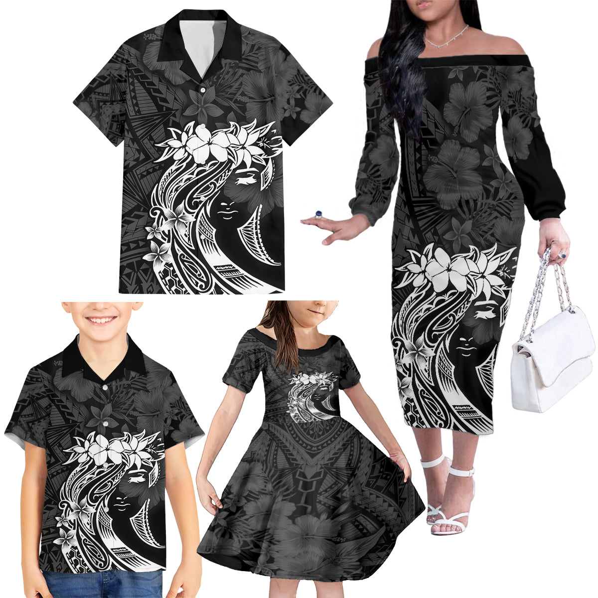 Polynesian Women's Day Family Matching Off Shoulder Long Sleeve Dress and Hawaiian Shirt Plumeria Passion - Black LT7 - Polynesian Pride