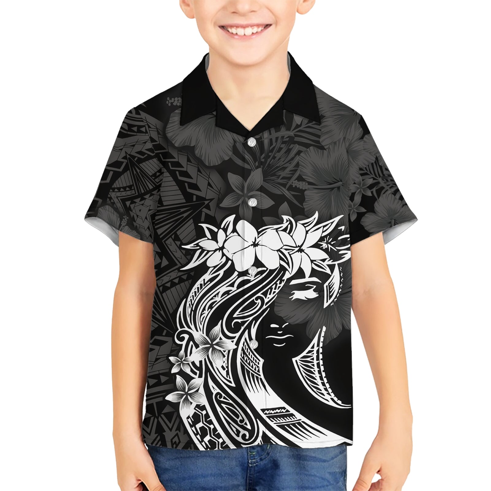 Polynesian Women's Day Kid Hawaiian Shirt Plumeria Passion - Black LT7 Kid Black - Polynesian Pride