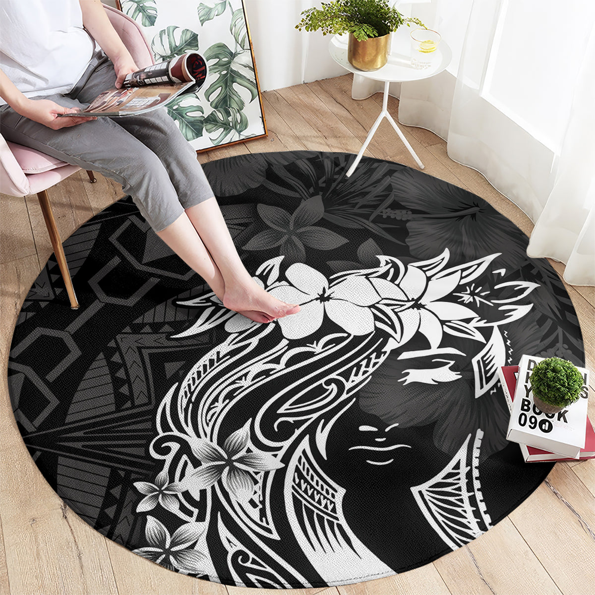 Polynesian Women's Day Round Carpet Plumeria Passion - Black LT7 - Polynesian Pride