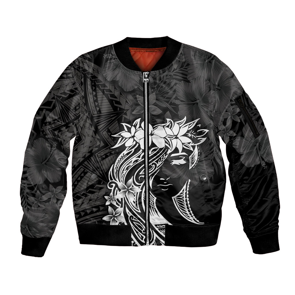 Polynesian Women's Day Sleeve Zip Bomber Jacket Plumeria Passion - Black LT7 Unisex Black - Polynesian Pride