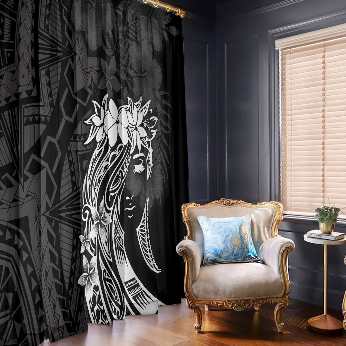 Polynesian Women's Day Window Curtain Plumeria Passion - Black LT7 - Polynesian Pride