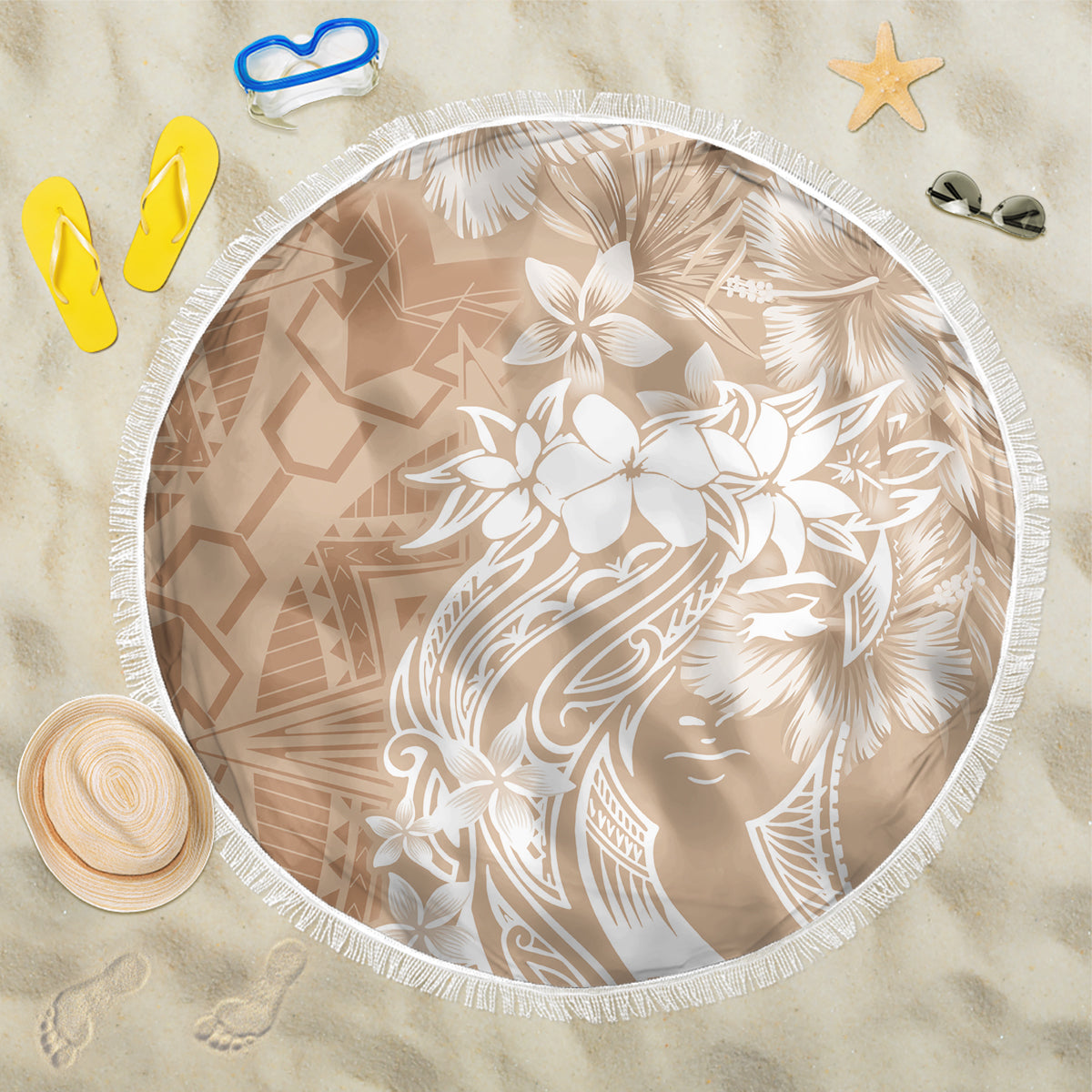 Polynesian Women's Day Beach Blanket Plumeria Passion - Beige LT7 One Size 150cm Beige - Polynesian Pride