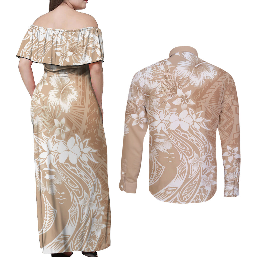 Polynesian Women's Day Couples Matching Off Shoulder Maxi Dress and Long Sleeve Button Shirt Plumeria Passion - Beige LT7 - Polynesian Pride