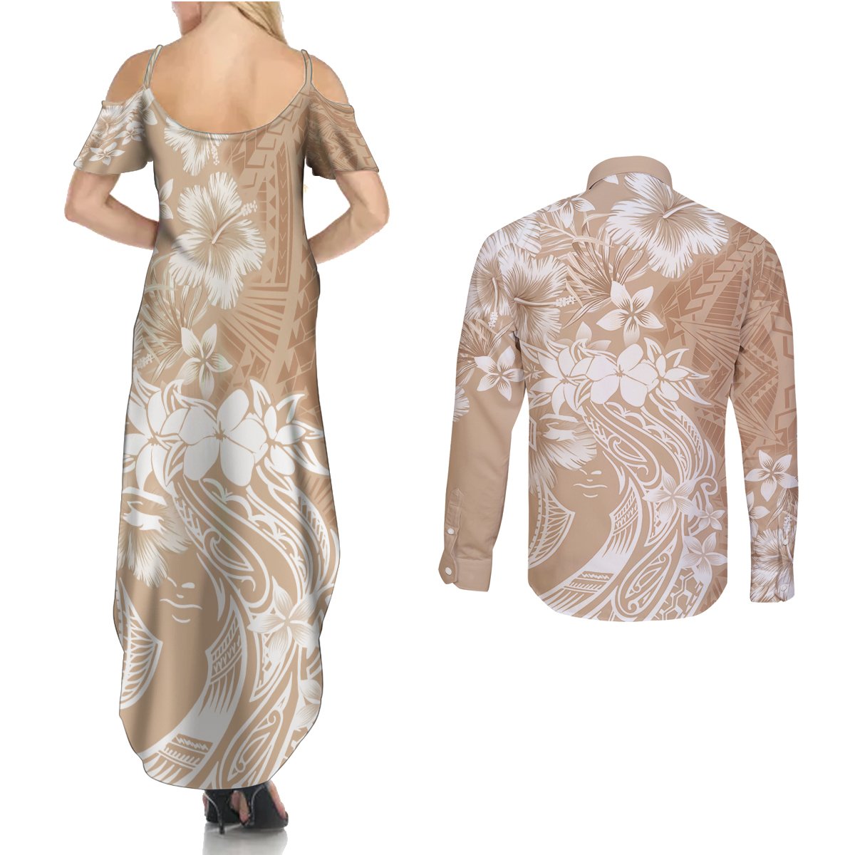 Polynesian Women's Day Couples Matching Summer Maxi Dress and Long Sleeve Button Shirt Plumeria Passion - Beige LT7 - Polynesian Pride