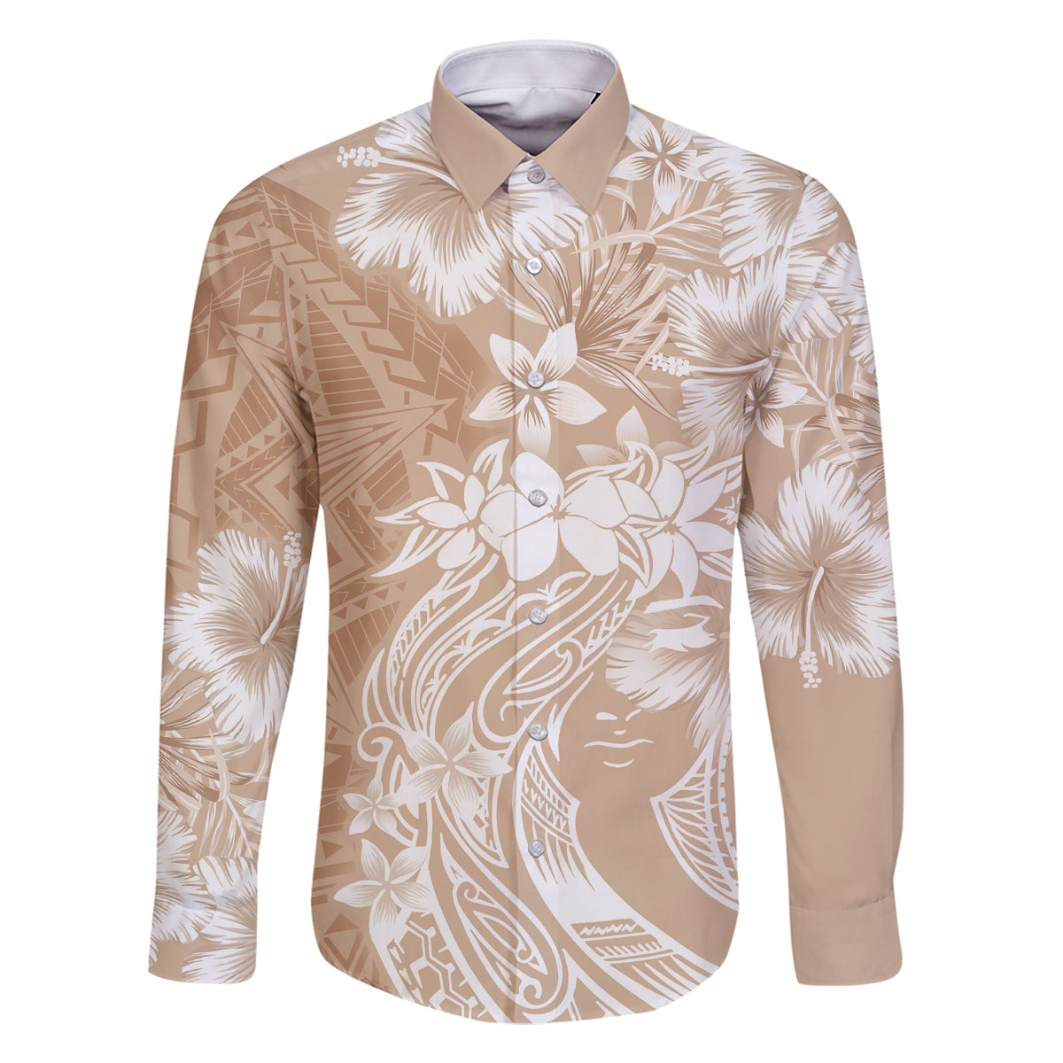 Polynesian Women's Day Family Matching Off Shoulder Long Sleeve Dress and Hawaiian Shirt Plumeria Passion - Beige LT7 Dad's Shirt - Long Sleeve Beige - Polynesian Pride