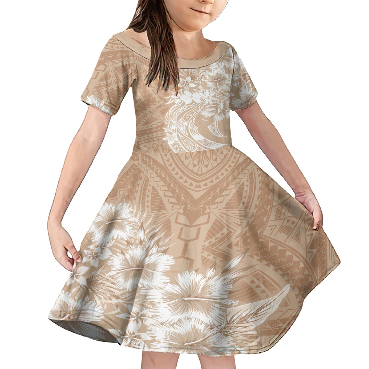 Polynesian Women's Day Kid Short Sleeve Dress Plumeria Passion - Beige LT7 KID Beige - Polynesian Pride