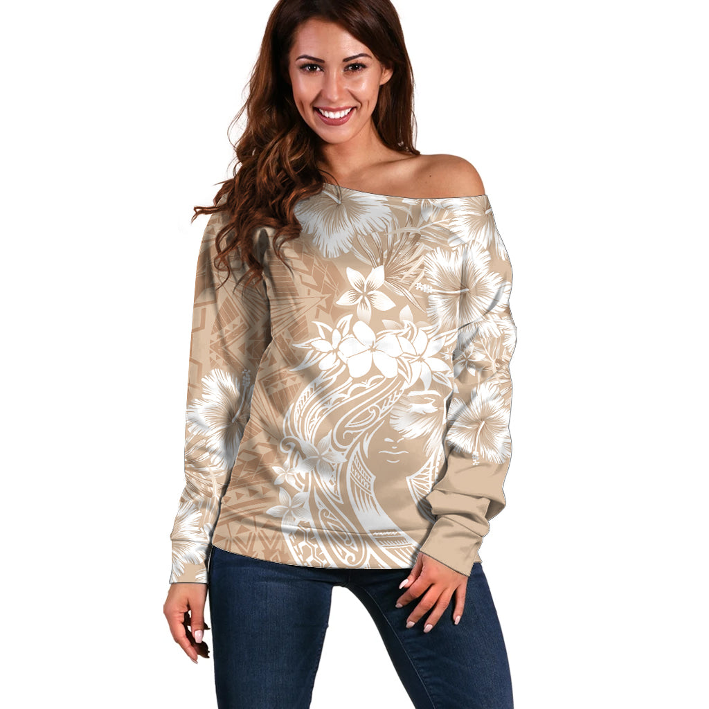 Polynesian Women's Day Off Shoulder Sweater Plumeria Passion - Beige LT7 Women Beige - Polynesian Pride