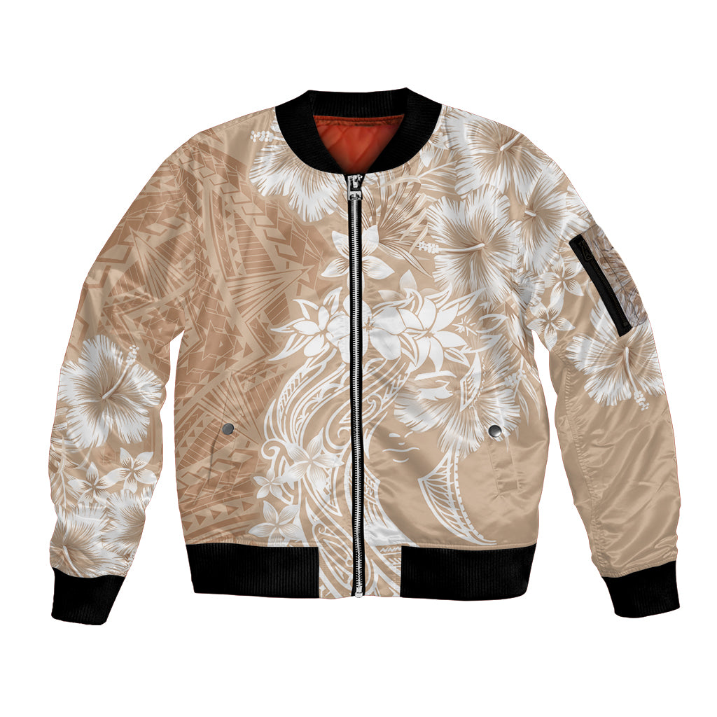 Polynesian Women's Day Sleeve Zip Bomber Jacket Plumeria Passion - Beige LT7 Unisex Beige - Polynesian Pride
