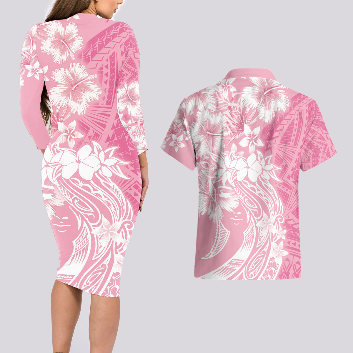 Polynesian Women's Day Couples Matching Long Sleeve Bodycon Dress and Hawaiian Shirt Plumeria Passion - Pink LT7 - Polynesian Pride