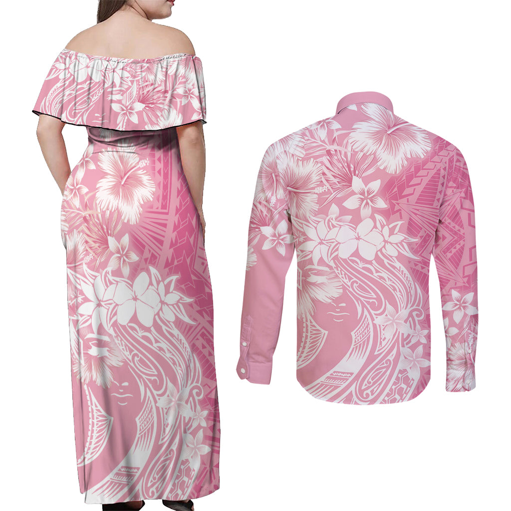 Polynesian Women's Day Couples Matching Off Shoulder Maxi Dress and Long Sleeve Button Shirt Plumeria Passion - Pink LT7 - Polynesian Pride