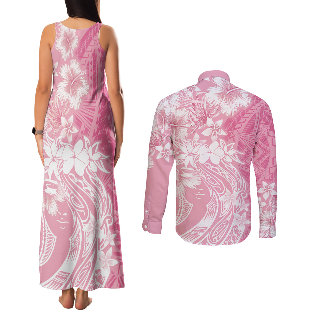 Polynesian Women's Day Couples Matching Tank Maxi Dress and Long Sleeve Button Shirt Plumeria Passion - Pink LT7 - Polynesian Pride