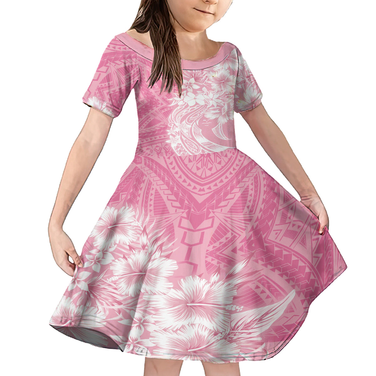 Polynesian Women's Day Family Matching Off Shoulder Long Sleeve Dress and Hawaiian Shirt Plumeria Passion - Pink LT7 Daughter's Dress Pink - Polynesian Pride