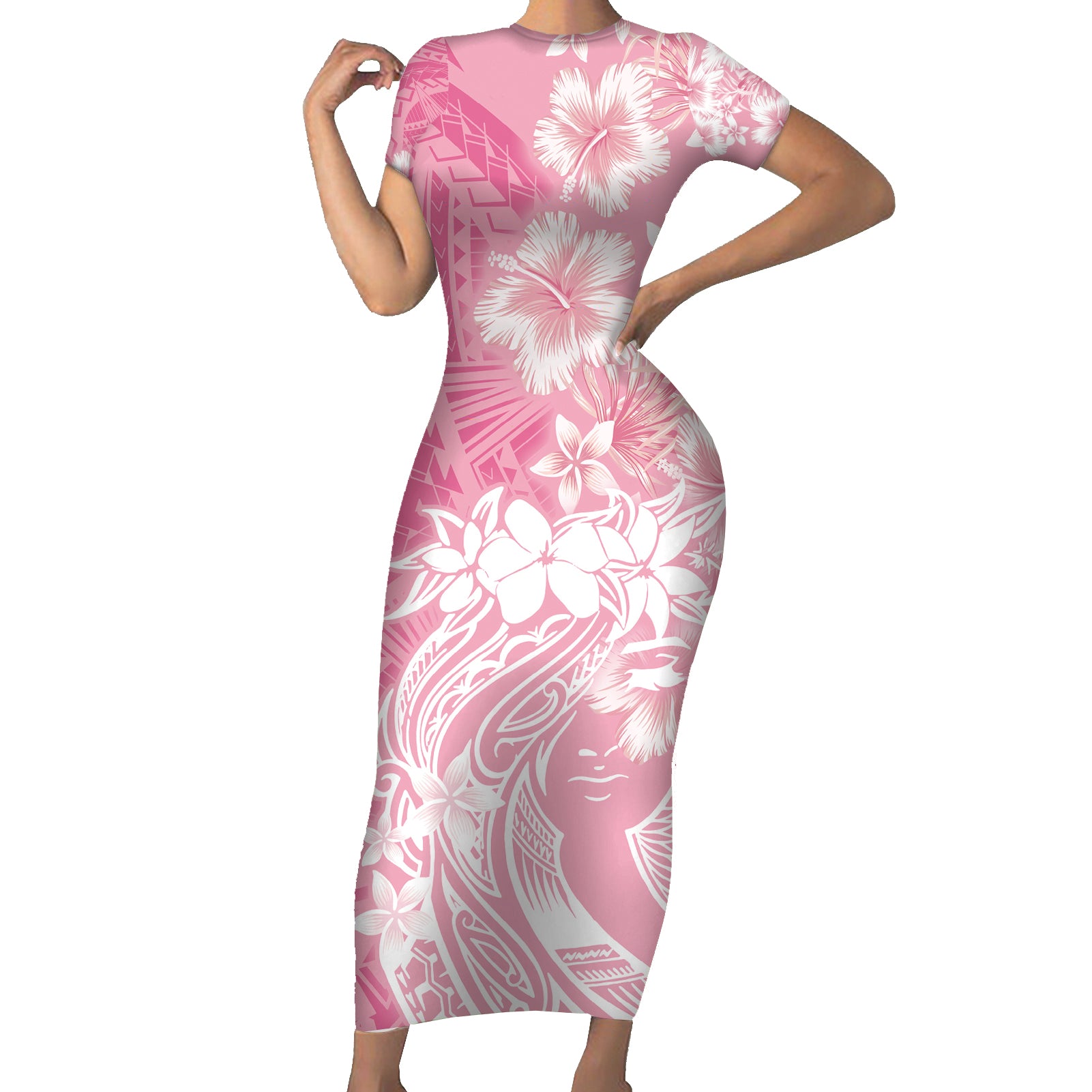 Polynesian Women's Day Short Sleeve Bodycon Dress Plumeria Passion - Pink LT7 Long Dress Pink - Polynesian Pride
