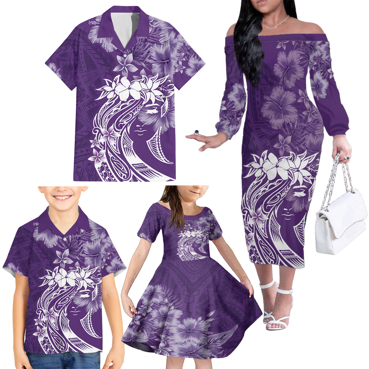 Polynesian Women's Day Family Matching Off Shoulder Long Sleeve Dress and Hawaiian Shirt Plumeria Passion - Purple LT7 - Polynesian Pride