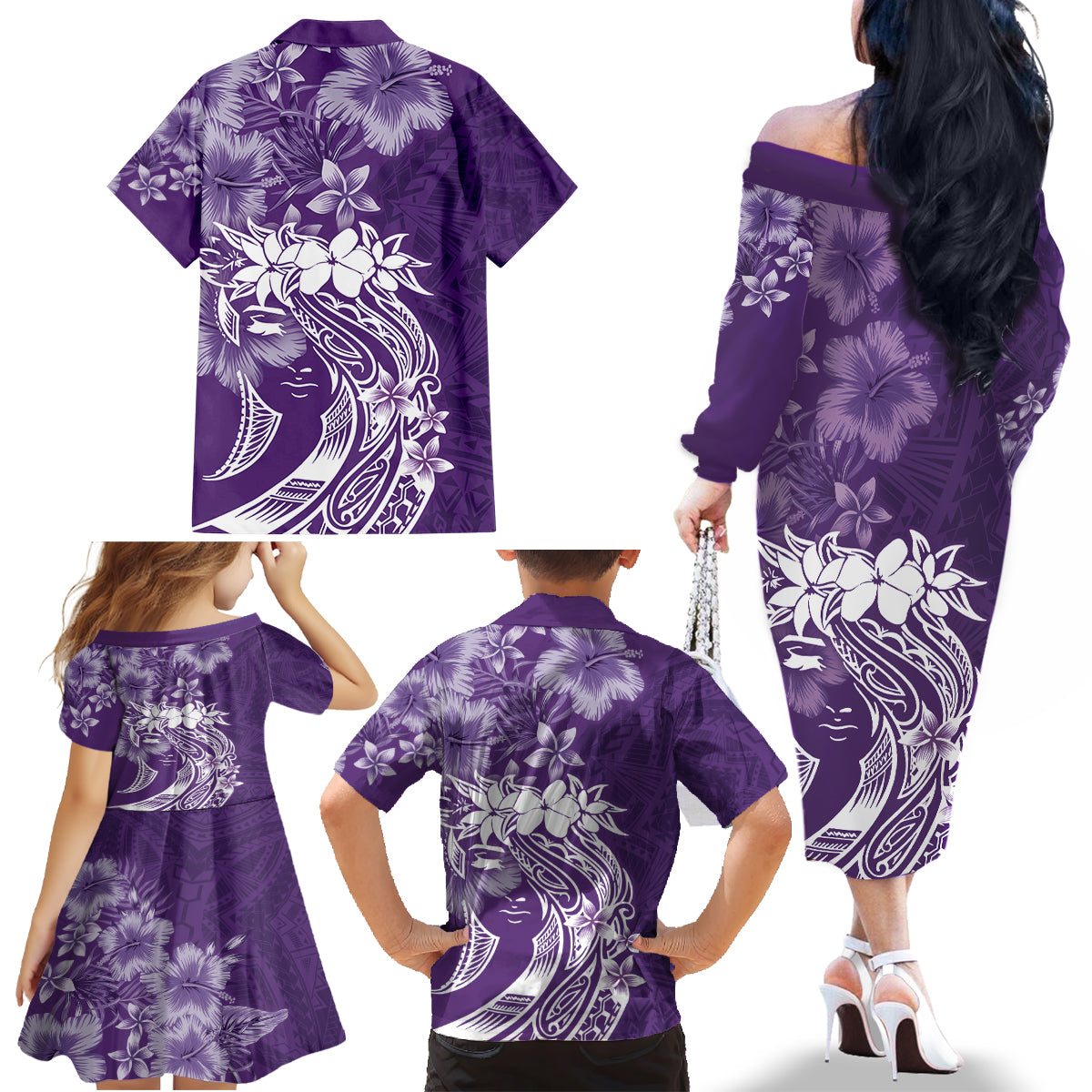 Polynesian Women's Day Family Matching Off Shoulder Long Sleeve Dress and Hawaiian Shirt Plumeria Passion - Purple LT7 - Polynesian Pride