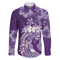 Polynesian Women's Day Family Matching Off Shoulder Short Dress and Hawaiian Shirt Plumeria Passion - Purple LT7 Dad's Shirt - Long Sleeve Purple - Polynesian Pride