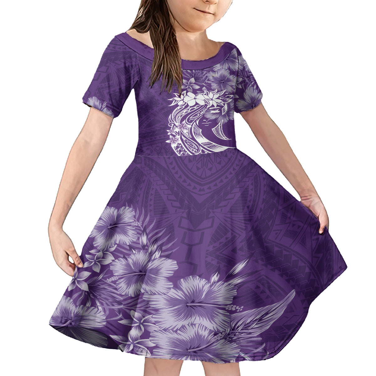 Polynesian Women's Day Kid Short Sleeve Dress Plumeria Passion - Purple LT7 KID Purple - Polynesian Pride