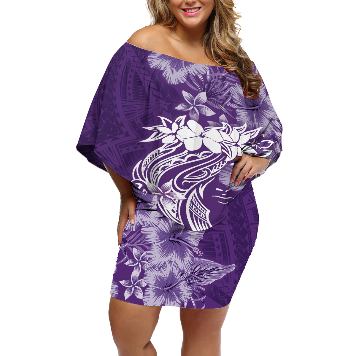 Polynesian Women's Day Off Shoulder Short Dress Plumeria Passion - Purple LT7 Women Purple - Polynesian Pride