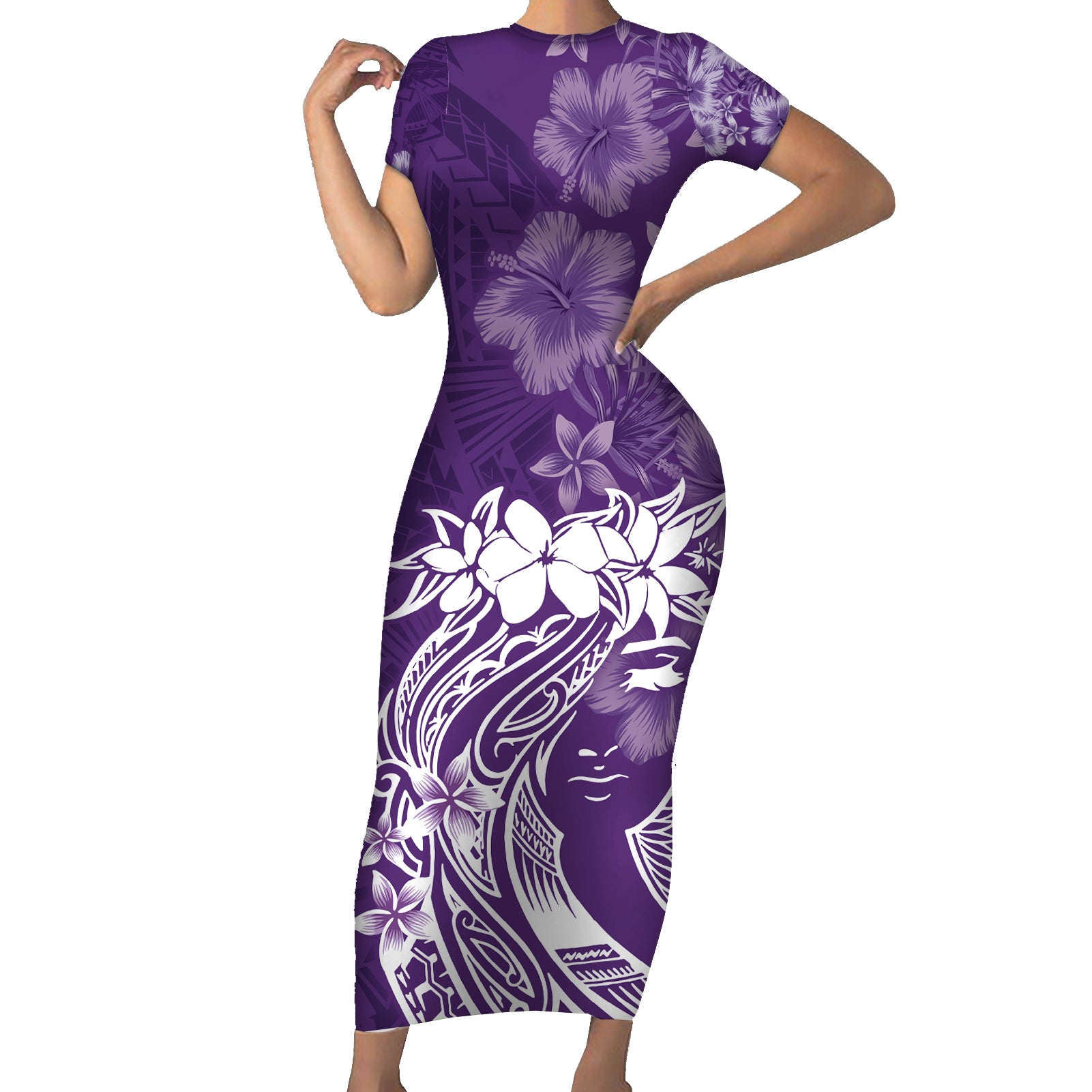 Polynesian Women's Day Short Sleeve Bodycon Dress Plumeria Passion - Purple LT7 Long Dress Purple - Polynesian Pride