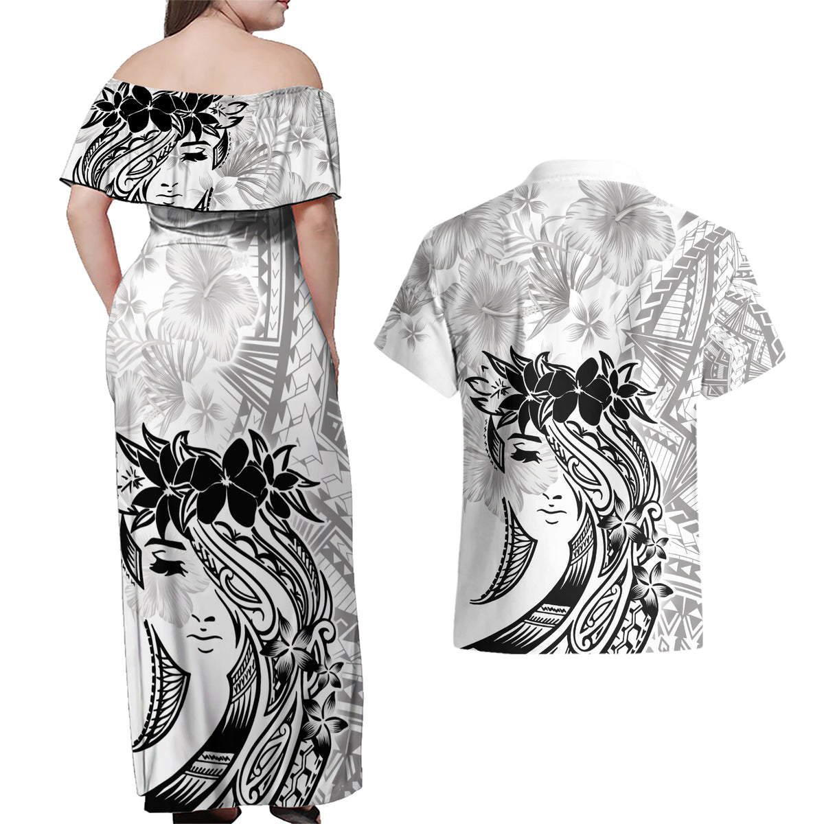 Polynesian Women's Day Couples Matching Off Shoulder Maxi Dress and Hawaiian Shirt Plumeria Passion - White LT7 - Polynesian Pride