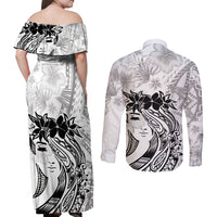 Polynesian Women's Day Couples Matching Off Shoulder Maxi Dress and Long Sleeve Button Shirt Plumeria Passion - White LT7 - Polynesian Pride