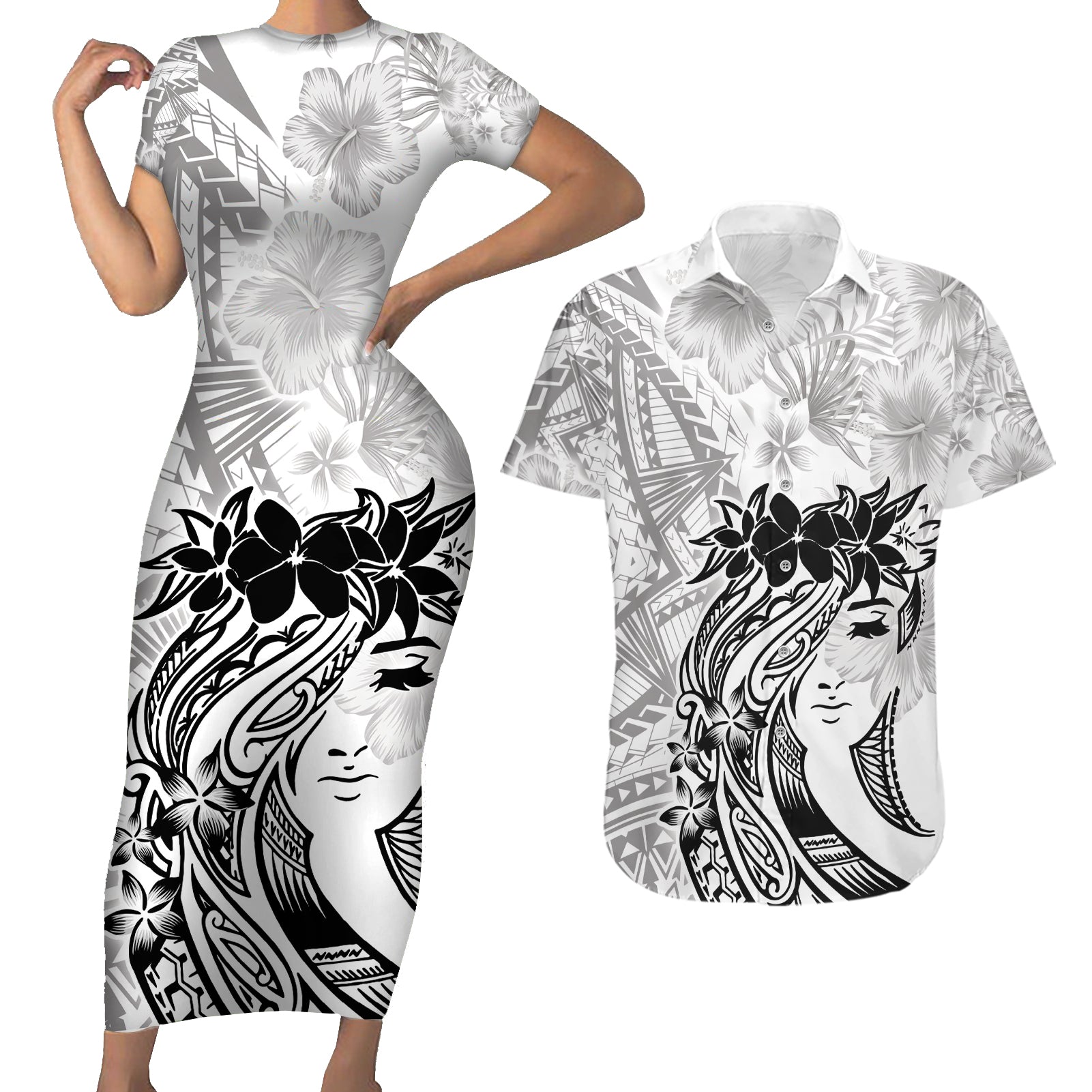 Polynesian Women's Day Couples Matching Short Sleeve Bodycon Dress and Hawaiian Shirt Plumeria Passion - White LT7 White - Polynesian Pride