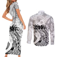Polynesian Women's Day Couples Matching Short Sleeve Bodycon Dress and Long Sleeve Button Shirt Plumeria Passion - White LT7 - Polynesian Pride