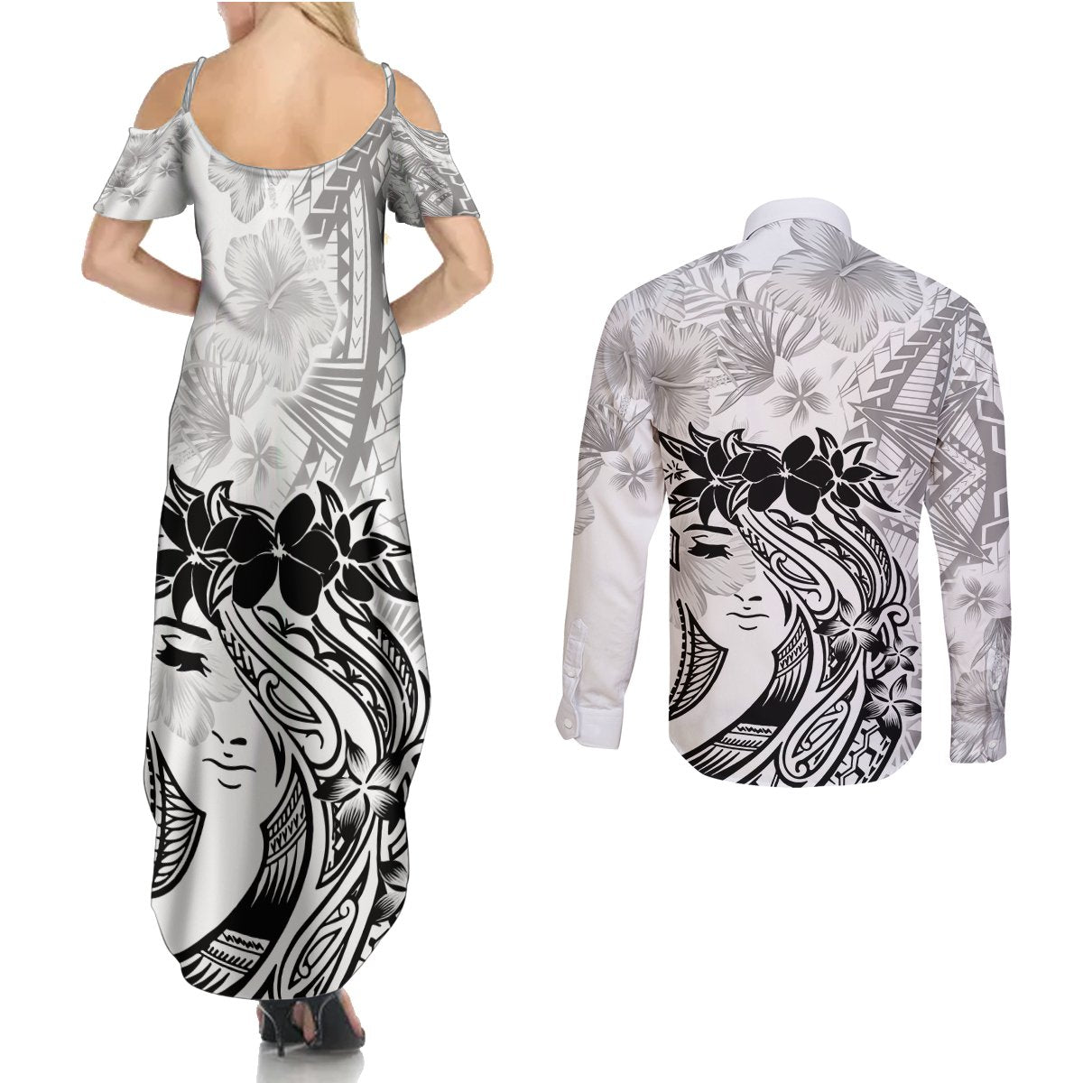 Polynesian Women's Day Couples Matching Summer Maxi Dress and Long Sleeve Button Shirt Plumeria Passion - White LT7 - Polynesian Pride