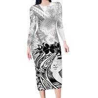 Polynesian Women's Day Long Sleeve Bodycon Dress Plumeria Passion - White LT7 Long Dress White - Polynesian Pride