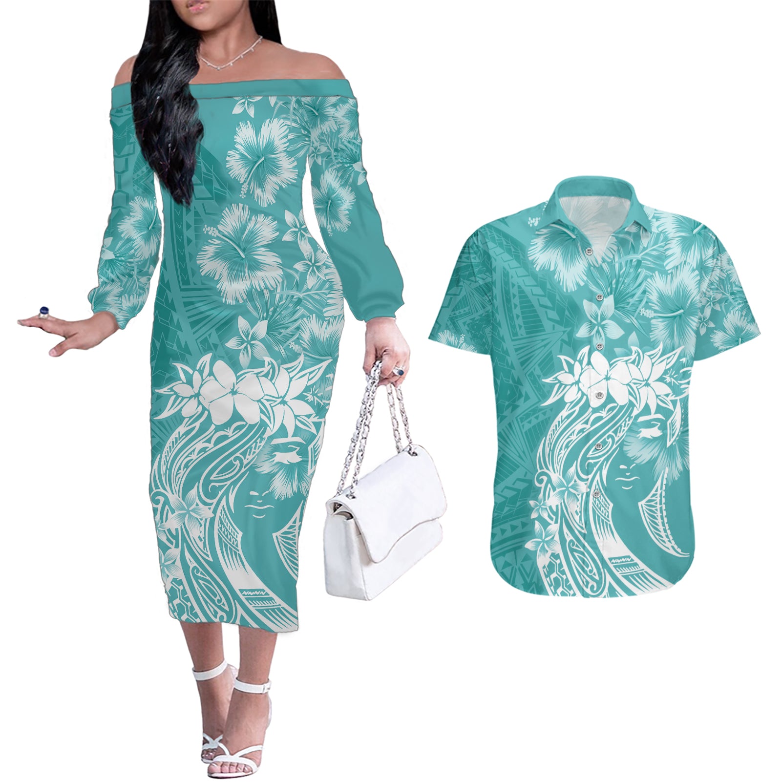 Polynesian Women's Day Couples Matching Off The Shoulder Long Sleeve Dress and Hawaiian Shirt Plumeria Passion - Teal LT7 Teal - Polynesian Pride