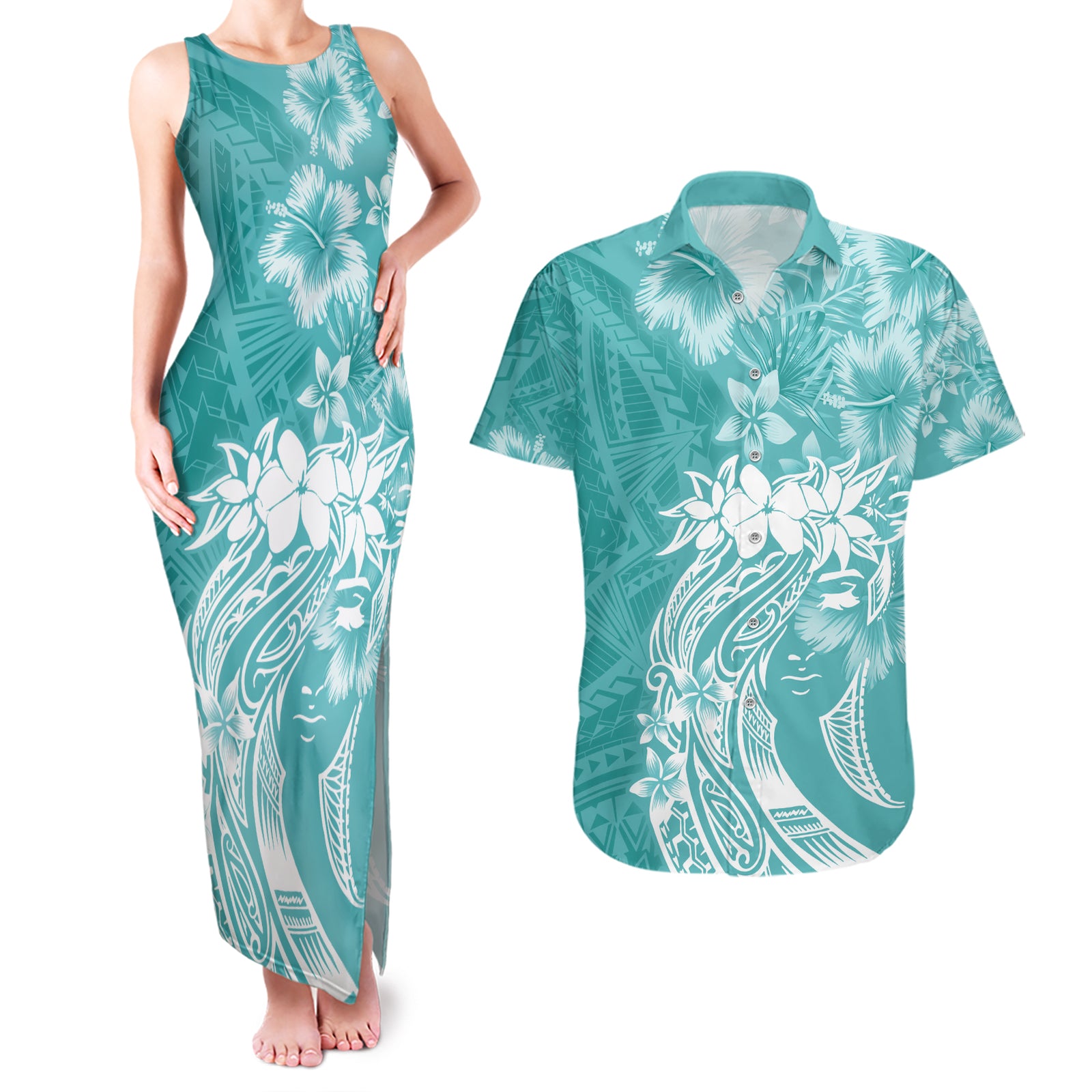 Polynesian Women's Day Couples Matching Tank Maxi Dress and Hawaiian Shirt Plumeria Passion - Teal LT7 Teal - Polynesian Pride